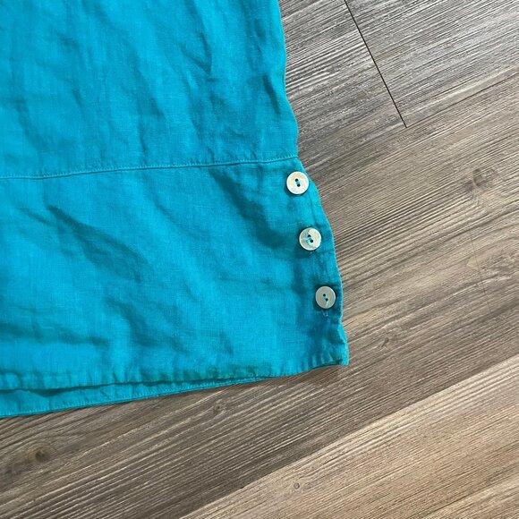 BRYN WALKER Sz L Blue 100% Linen Oversized Boho Lagenlook Tunic Top Side Buttons - Picture 3 of 9